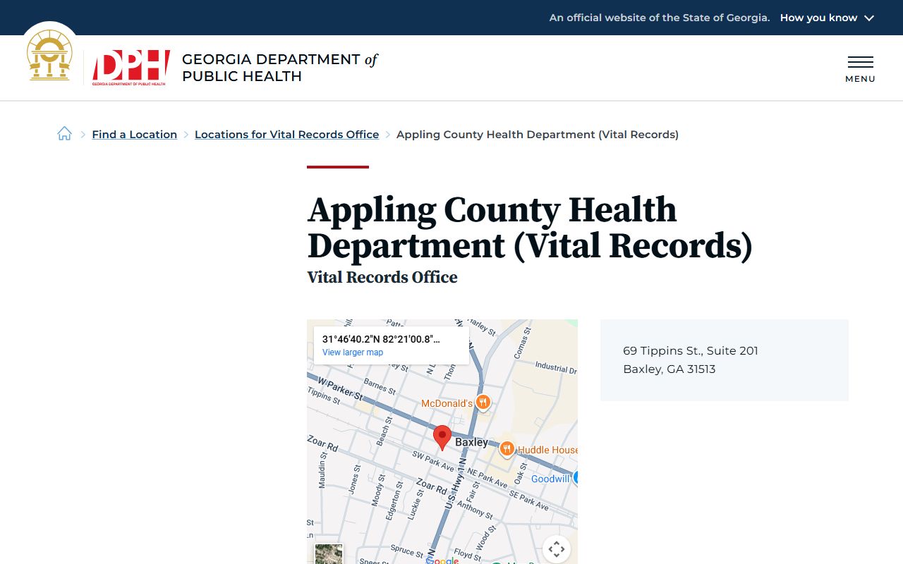 Appling County Georgia Health Department page for obituary and death records