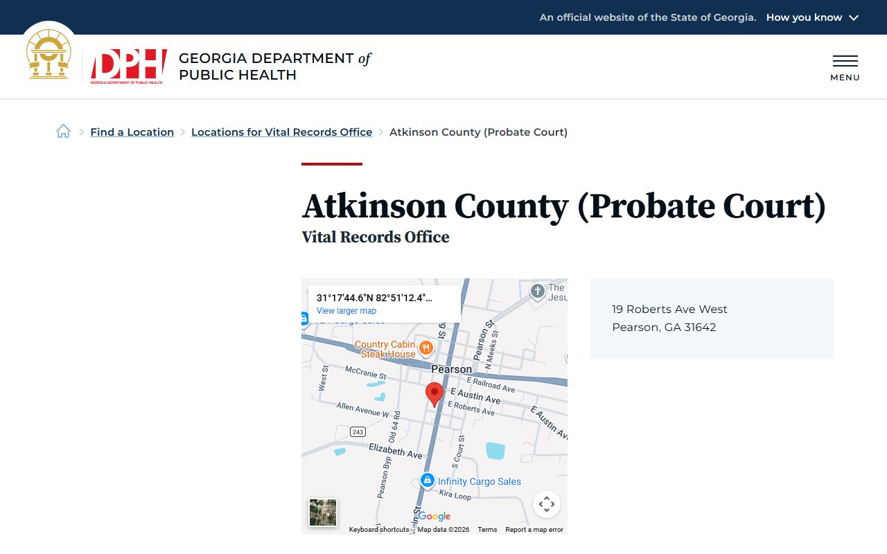 Atkinson County Georgia Probate Court location for obituary and death records