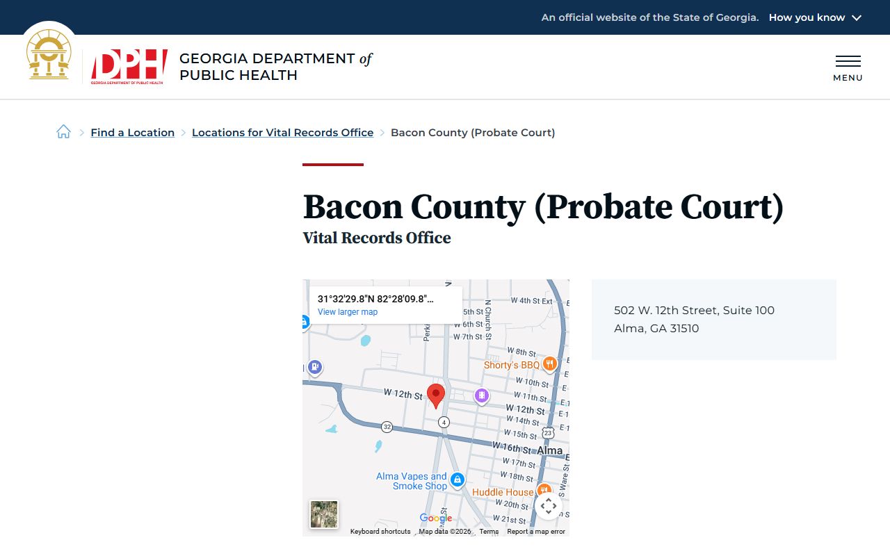 Bacon County Georgia Probate Court page for obituary and death records
