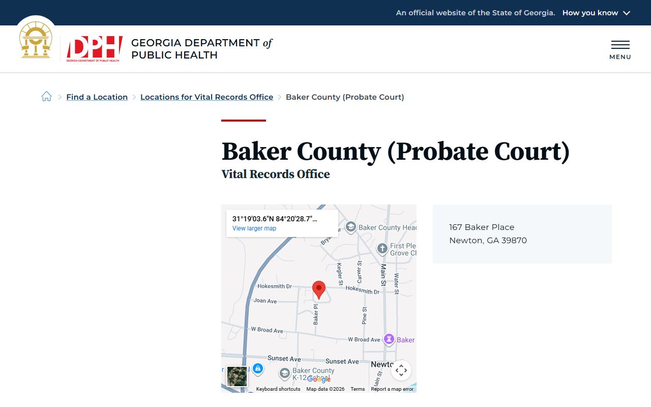Baker County Georgia Probate Court DPH location page for obituary and death records