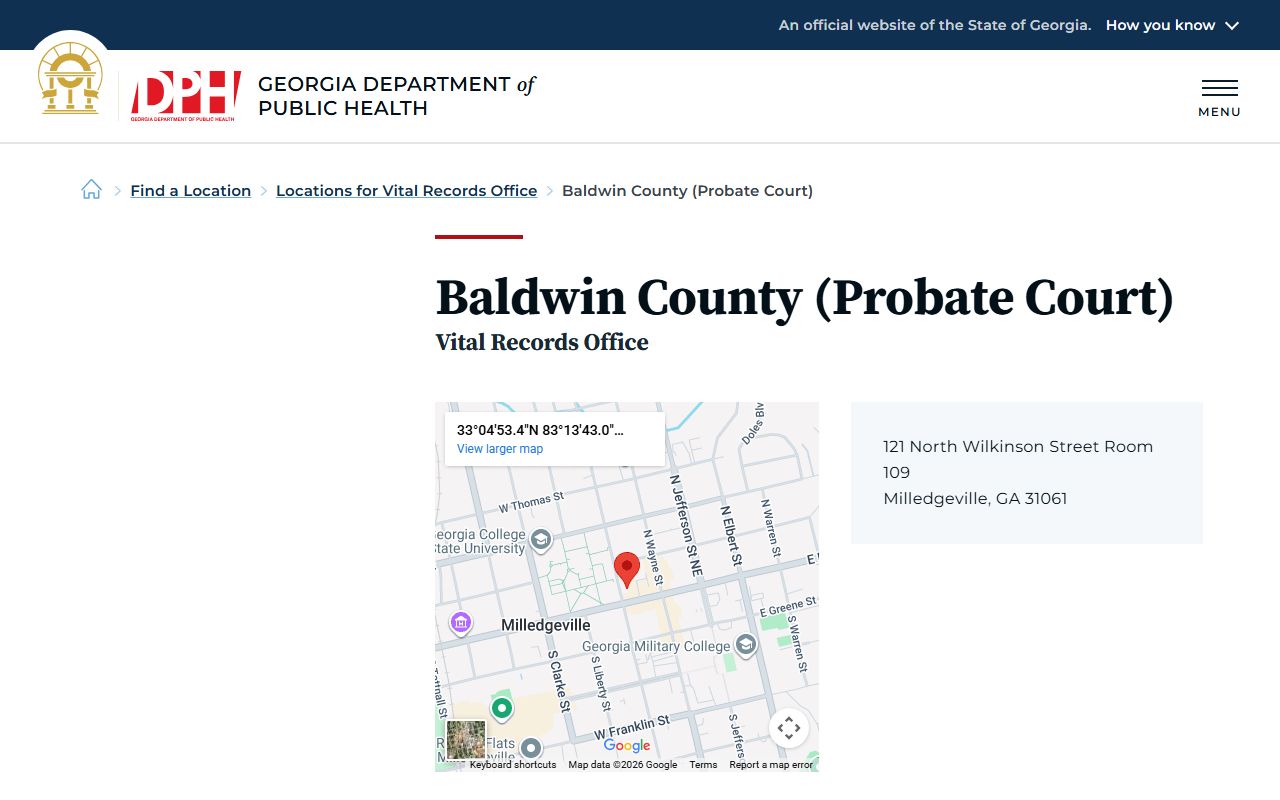 Baldwin County Georgia Probate Court DPH location for obituary and death records