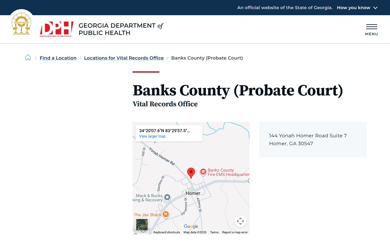 Banks County Georgia Probate Court DPH location for obituary and death records
