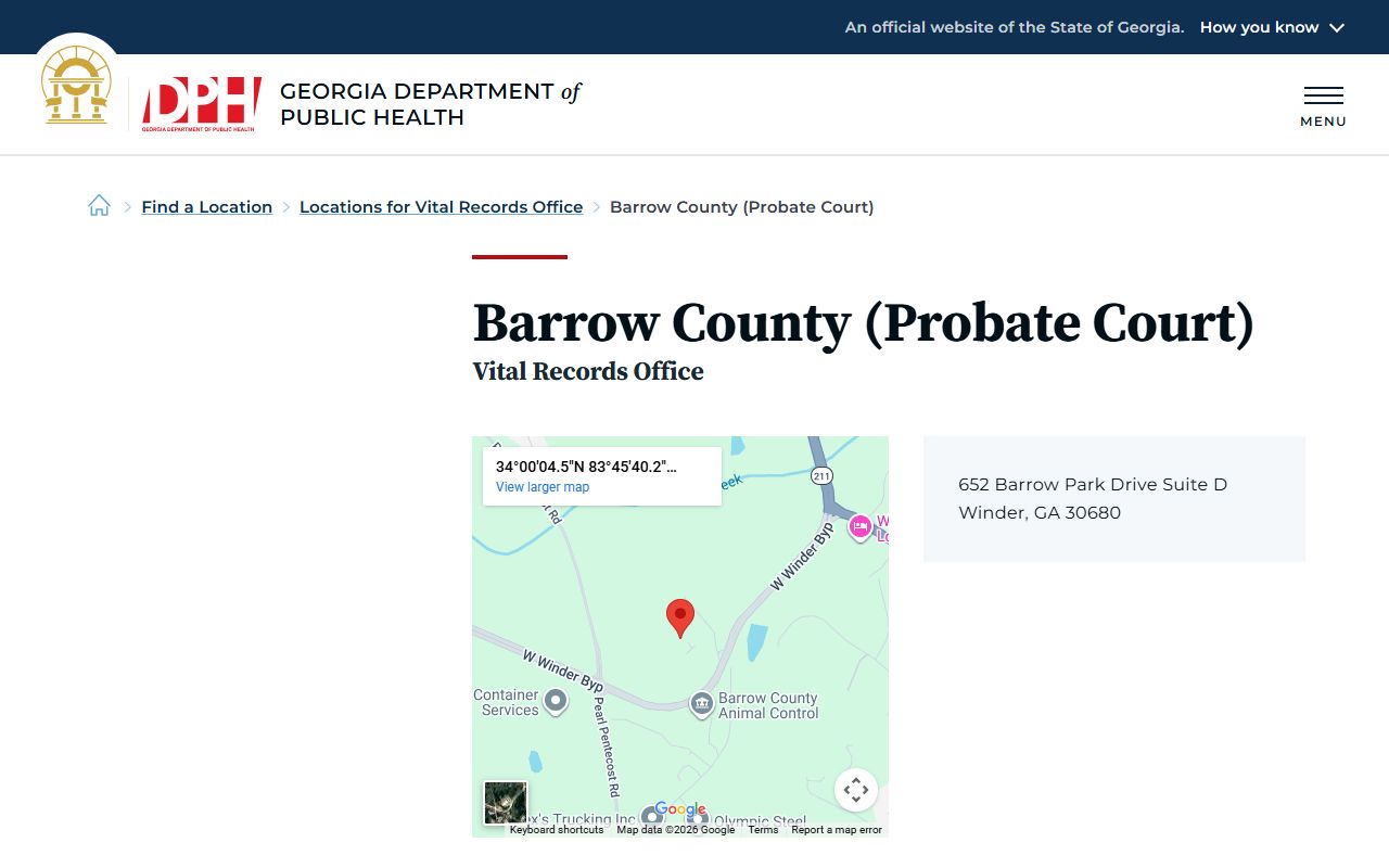 Barrow County Georgia Probate Court DPH page for obituary and death records
