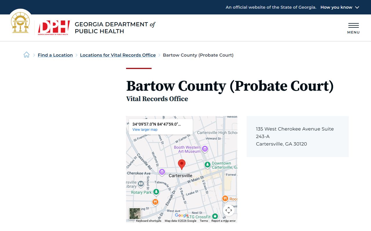 Bartow County Georgia Probate Court DPH location page for obituary and death records