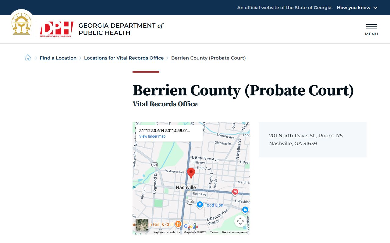 Berrien County Georgia Probate Court location page for obituary and death records