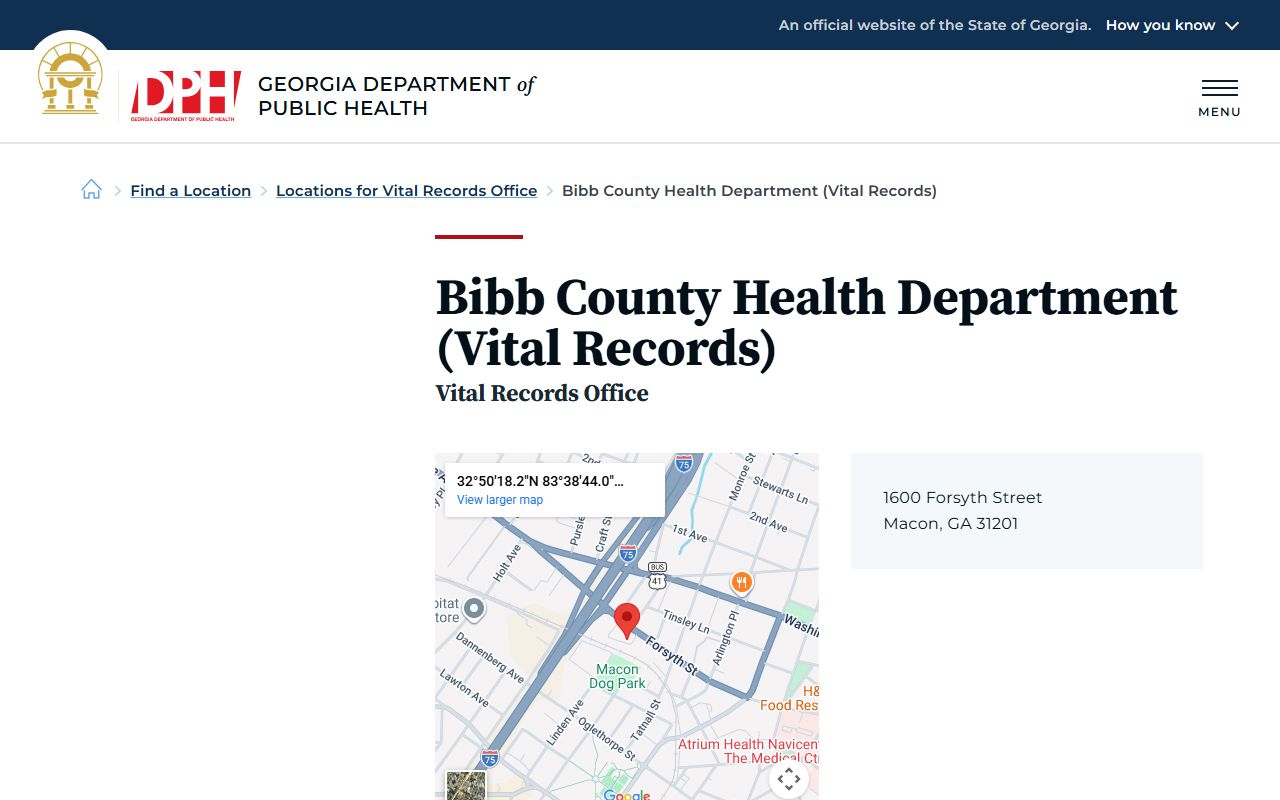 Bibb County Georgia Health Department page for obituary and death records in Macon