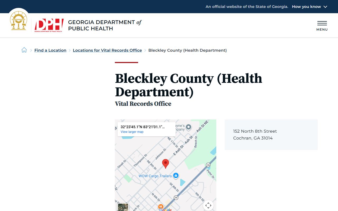 Bleckley County Georgia Health Department DPH page for obituary and death records