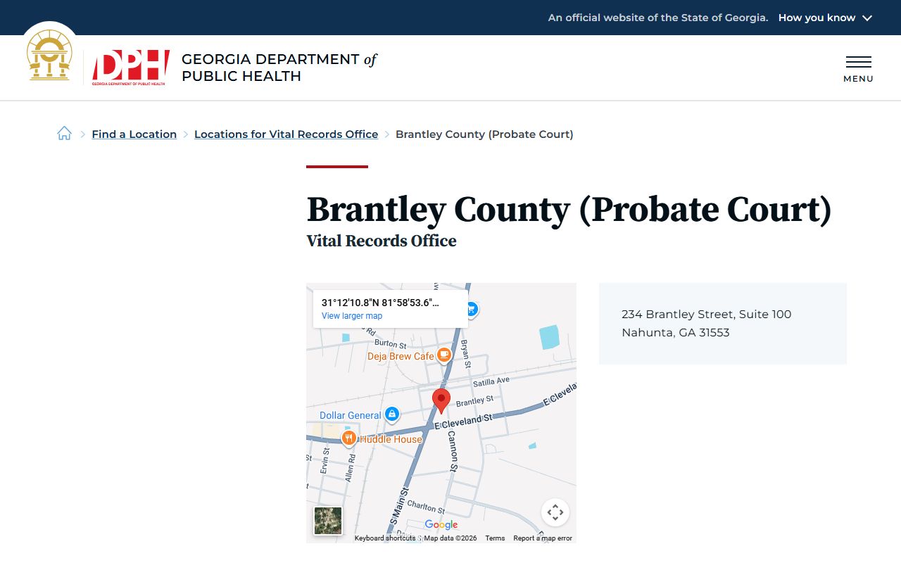 Brantley County Georgia Probate Court DPH location for obituary and death records