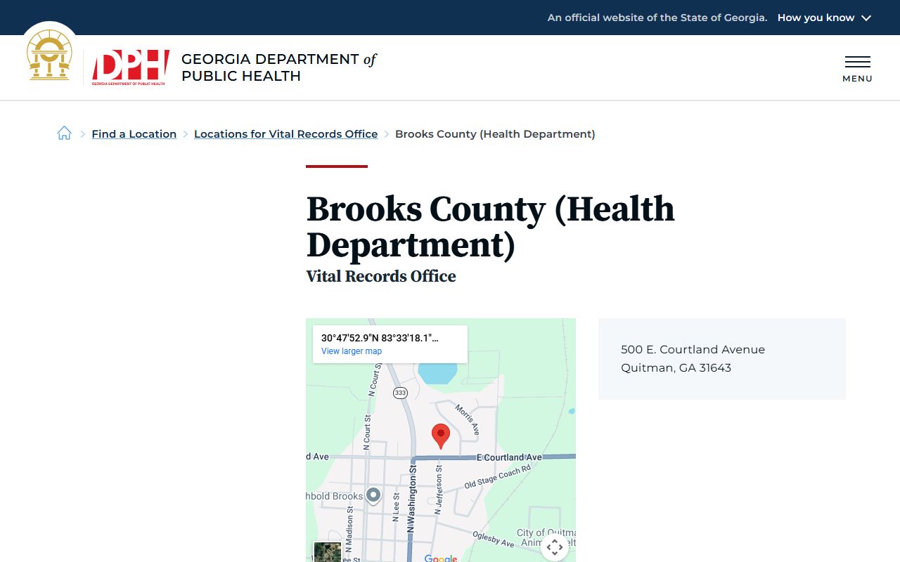 Brooks County Georgia Health Department DPH location page for obituary and death records