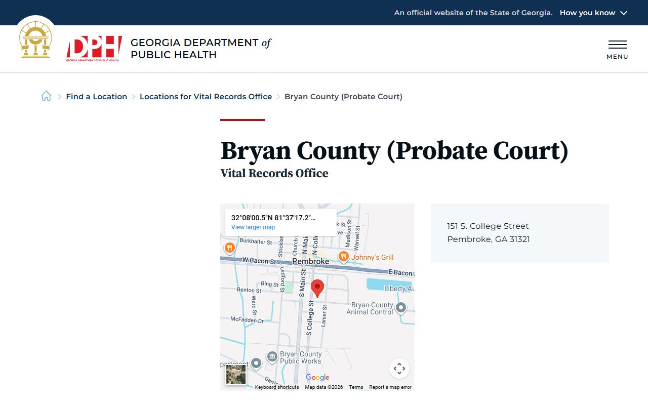 Bryan County Georgia Probate Court DPH location page for obituary and death records