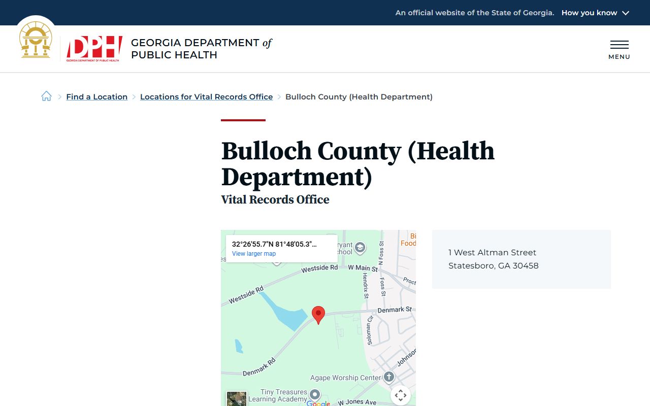 Bulloch County Georgia Health Department DPH page for obituary and death records
