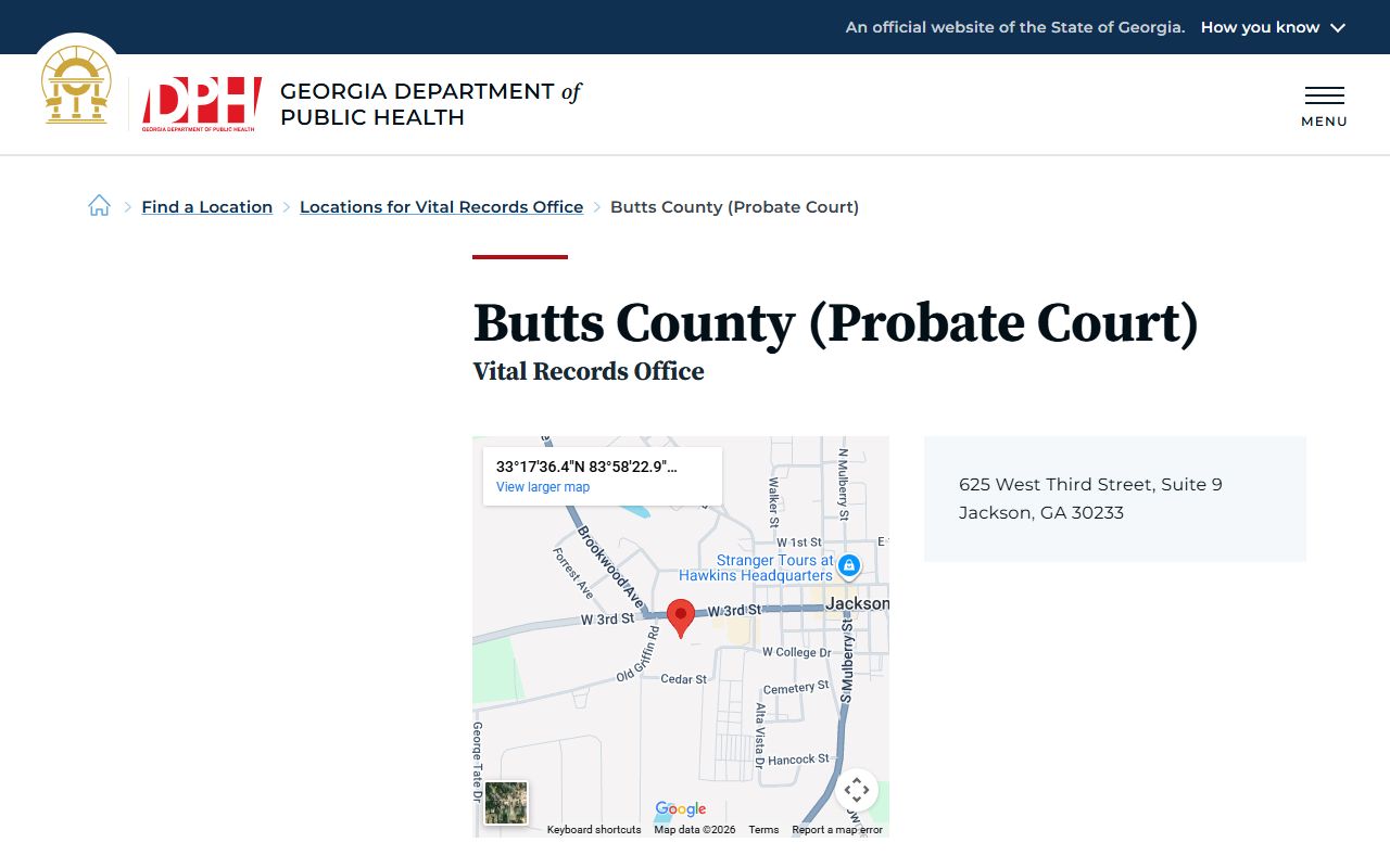 Butts County Georgia Probate Court DPH location page for obituary and death records