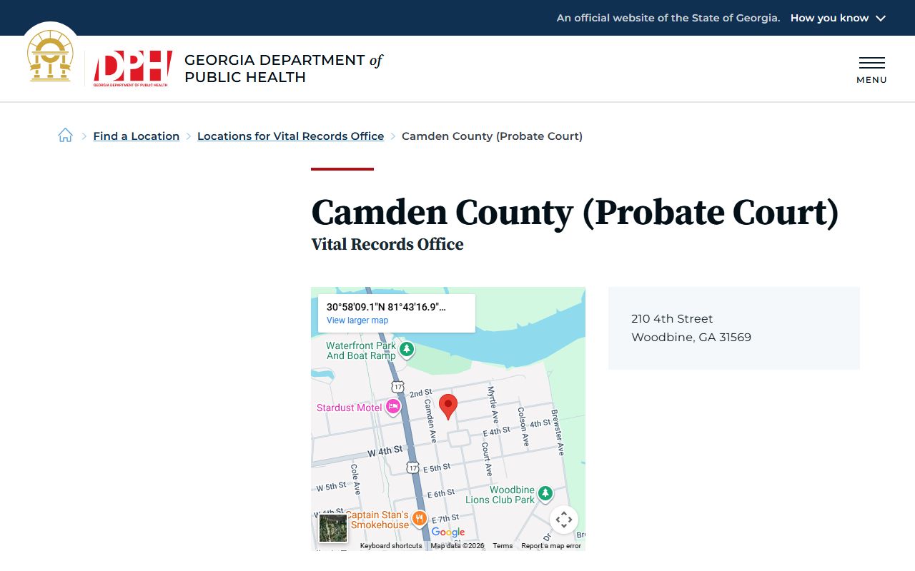Camden County Georgia Probate Court page for obituary and death records
