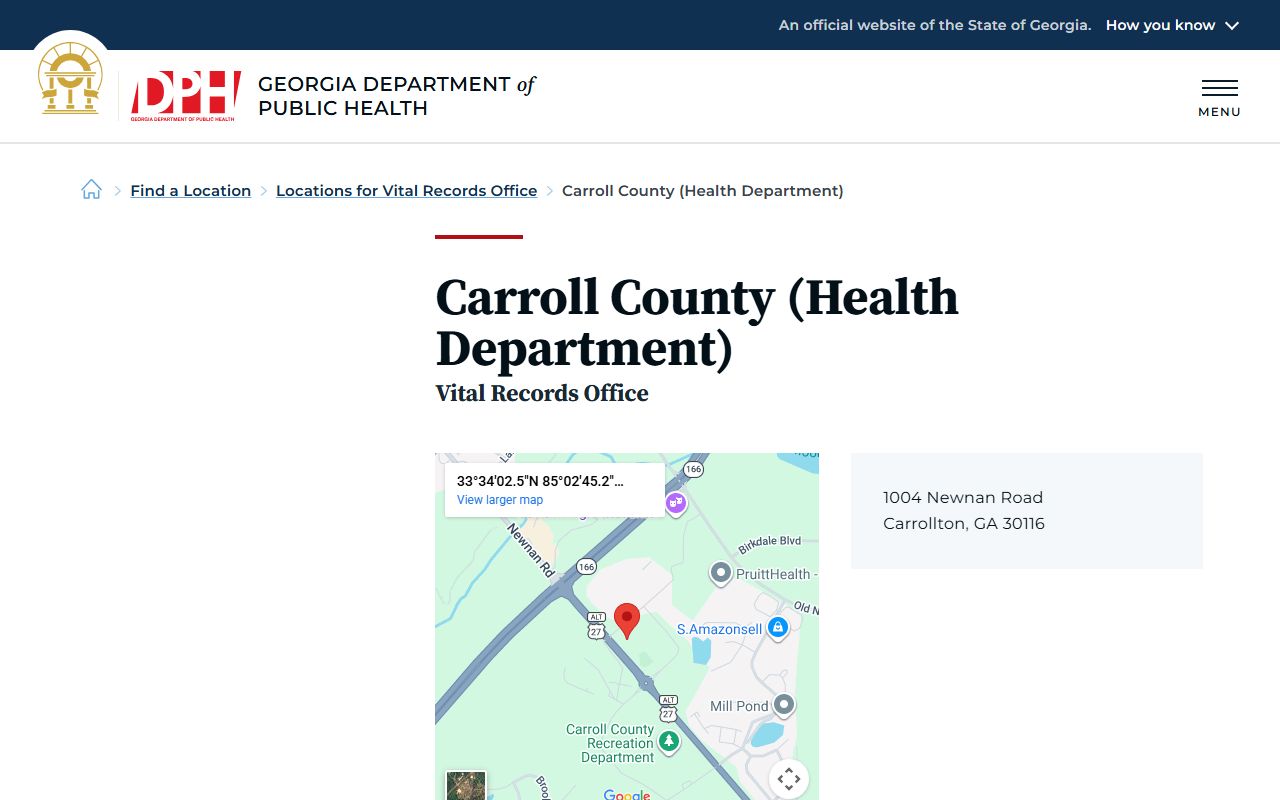 Carroll County Georgia Health Department page for obituary and death records