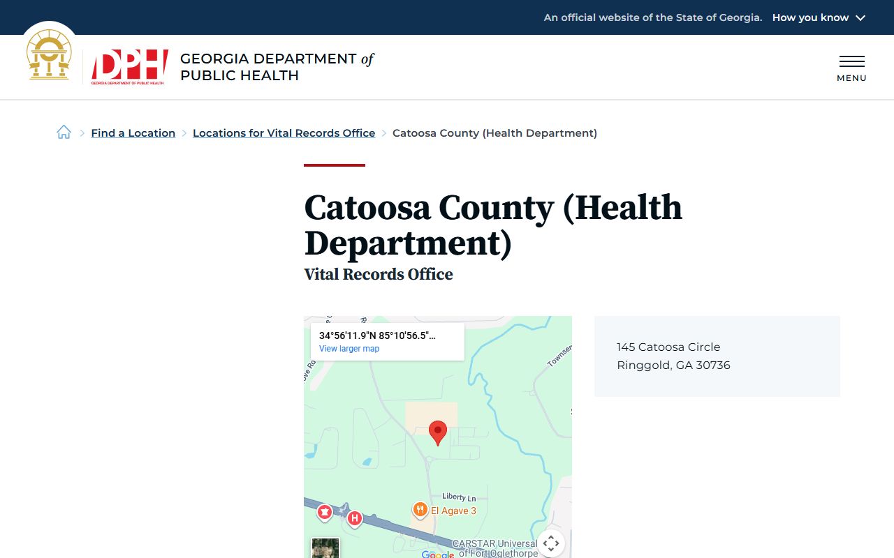 Catoosa County Georgia Health Department page for obituary and death records