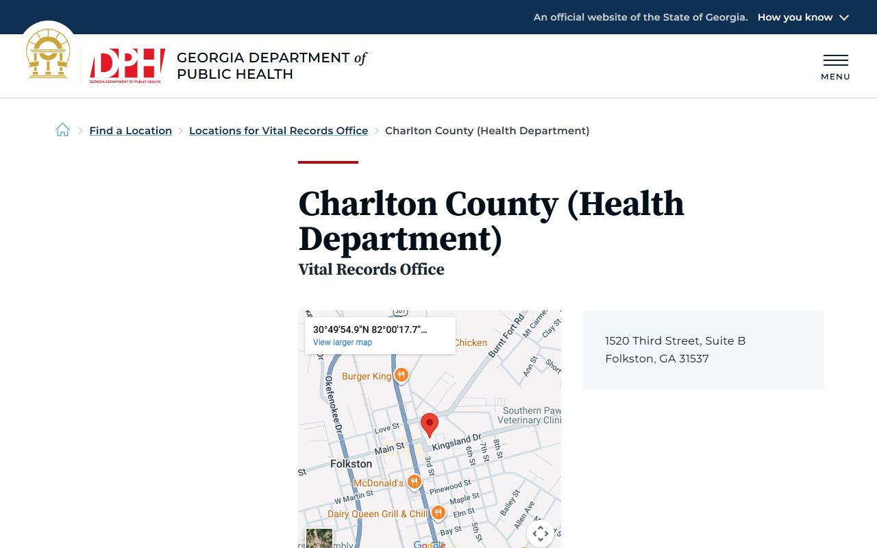 Charlton County Georgia Health Department page for obituary and death records