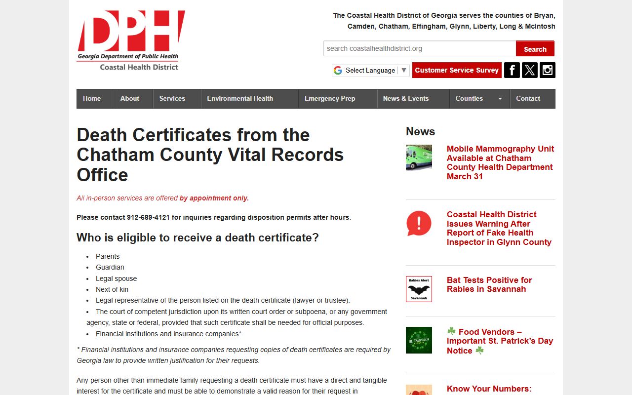 Chatham County Georgia death records page for obituary records in Savannah