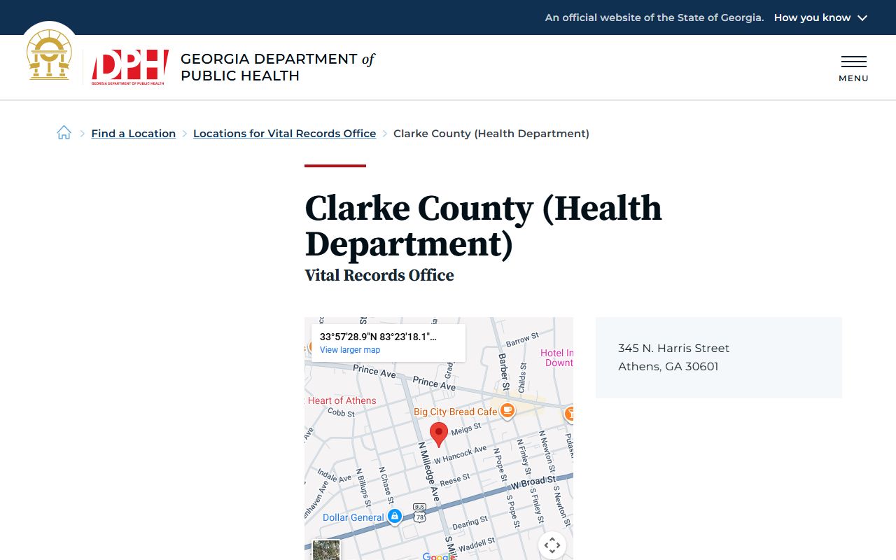 Clarke County Georgia Health Department page for obituary and death records in Athens