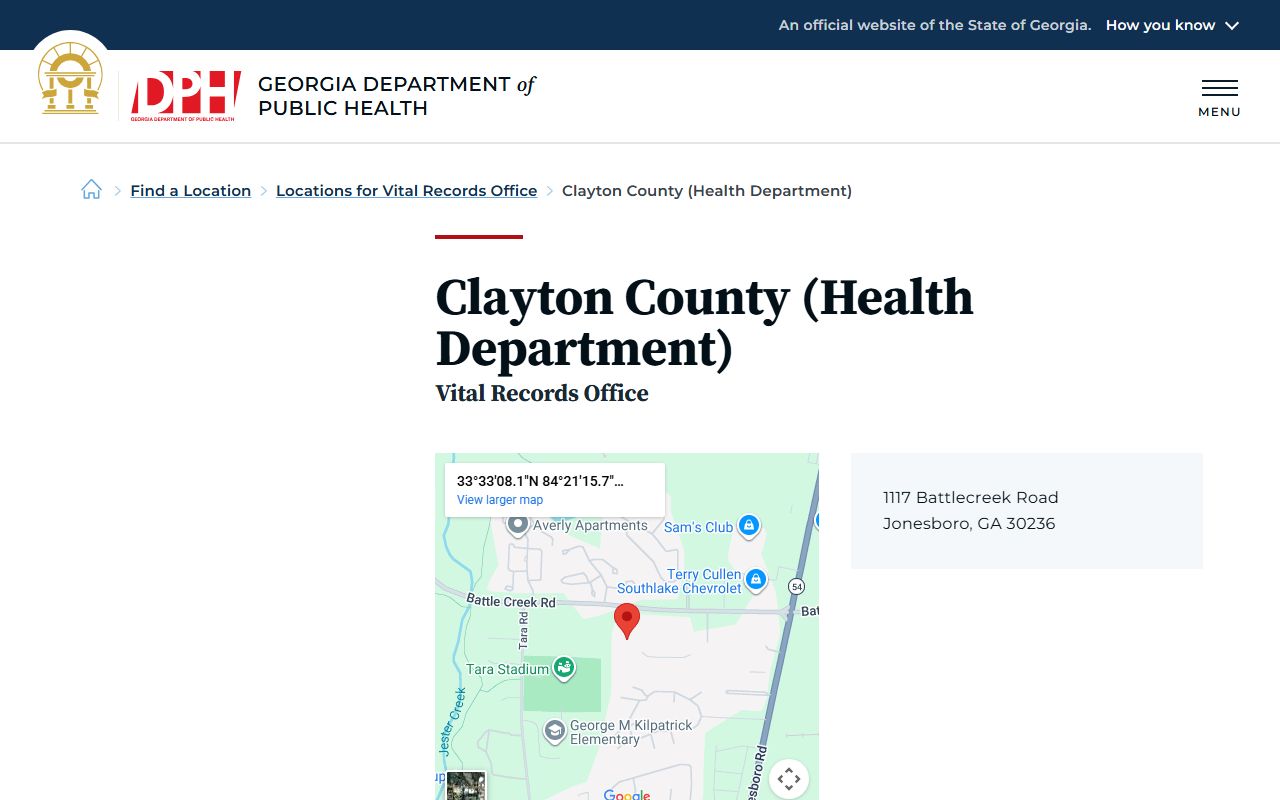 Clayton County Georgia Health Department page for obituary and death records
