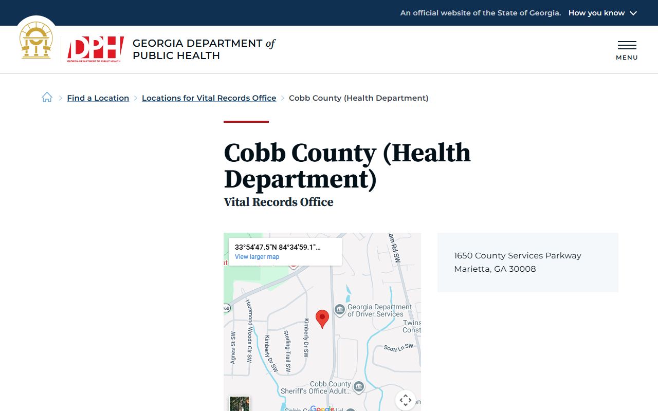 Cobb County Georgia Health Department page for obituary and death records