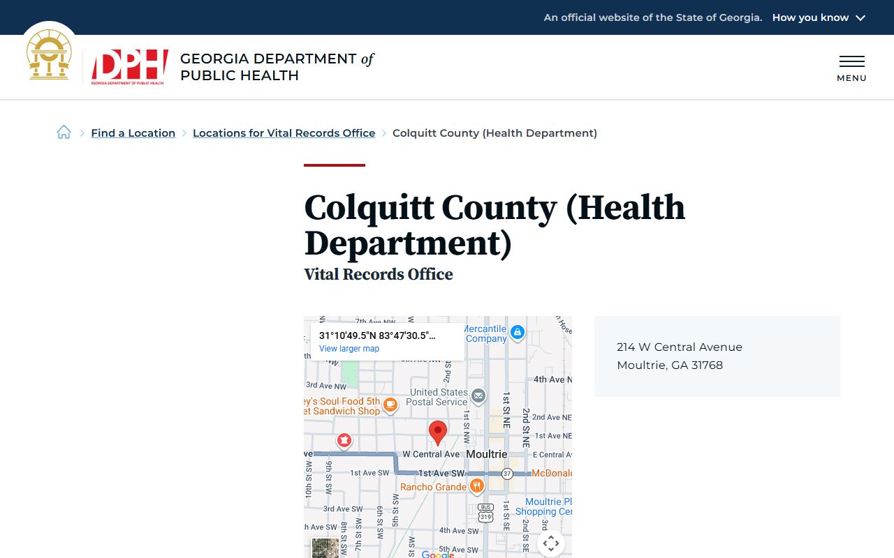 Colquitt County Georgia Health Department page for obituary and death records