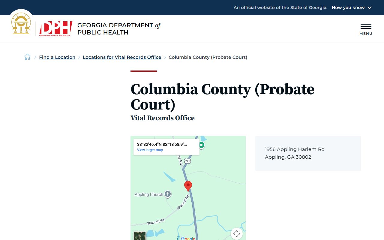 Columbia County Georgia Probate Court page for obituary and death records