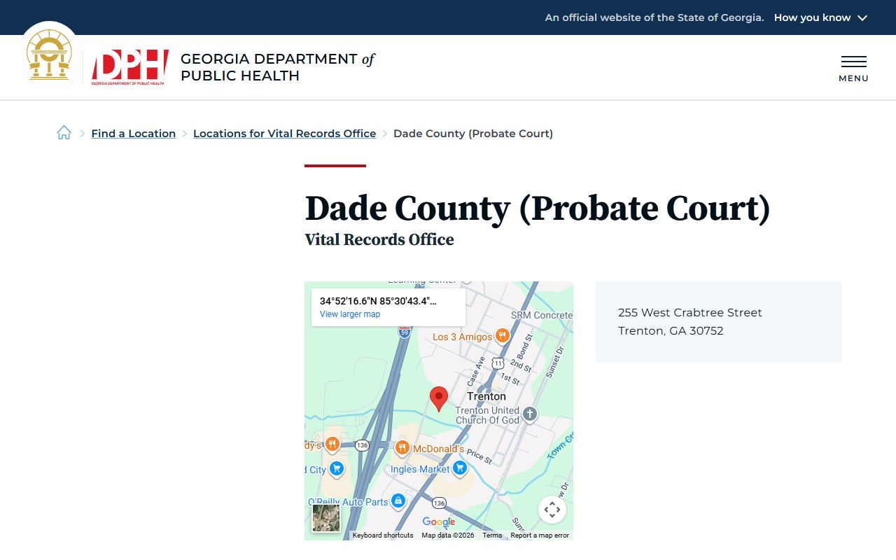 Dade County Georgia Probate Court page for obituary and death records