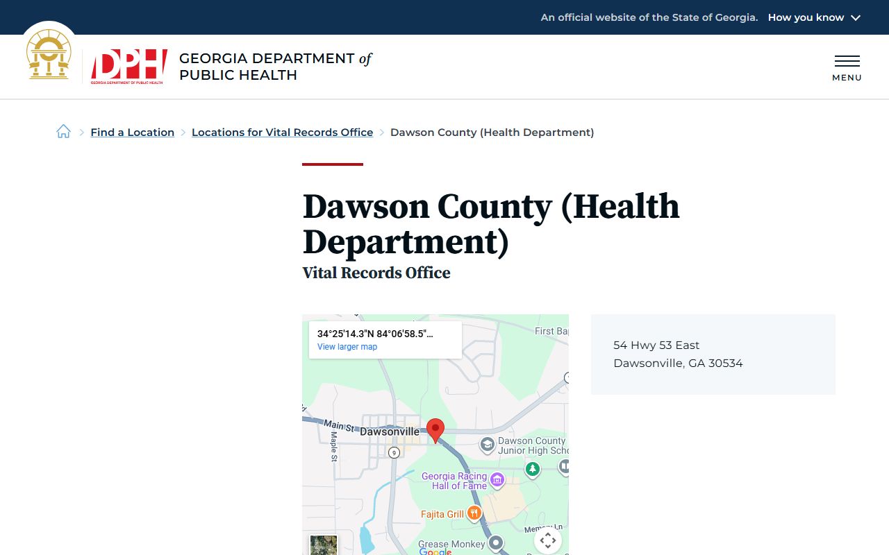 Dawson County Georgia Health Department page for obituary and death records
