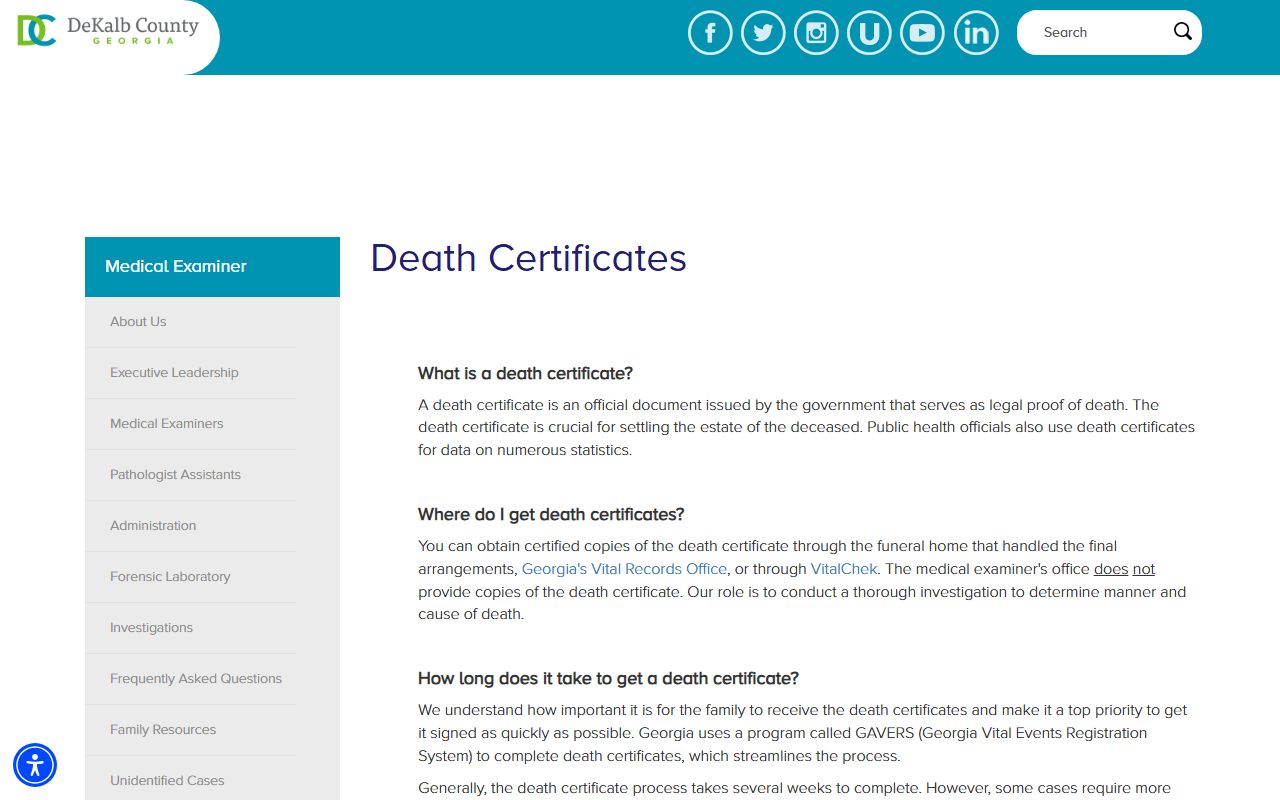 DeKalb County Medical Examiner death certificate information for obituary records