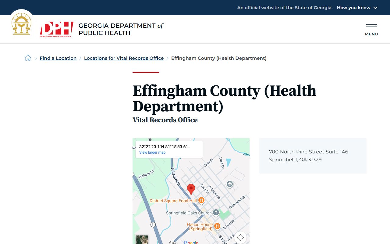 Effingham County Georgia Health Department page for obituary and death records
