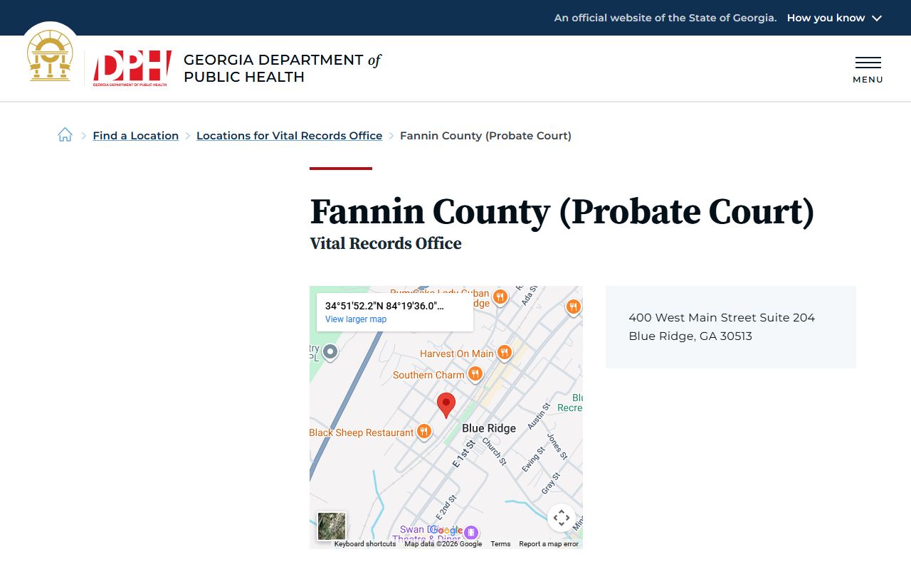 Fannin County Georgia Probate Court page for obituary and death records