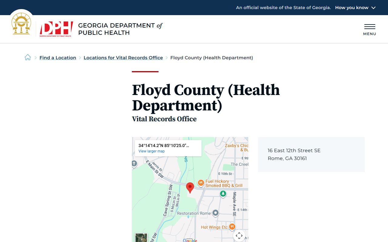 Floyd County Georgia Health Department page for obituary and death records