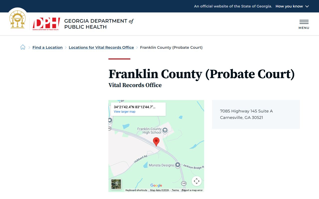 Franklin County Georgia Probate Court page for obituary and death records