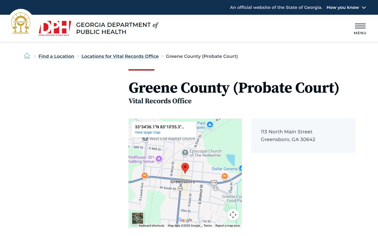 Greene County Georgia Probate Court page for obituary and death records
