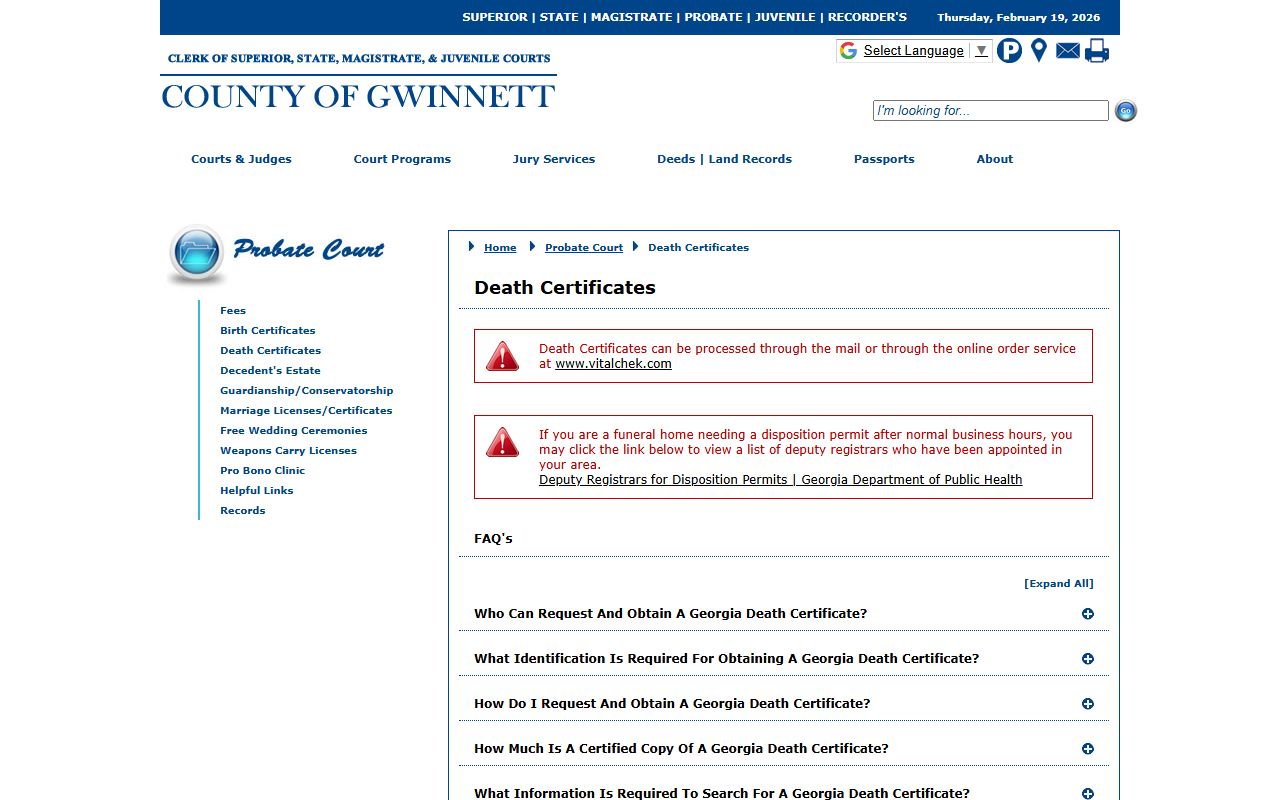 Gwinnett County Probate Court death certificate page for obituary records