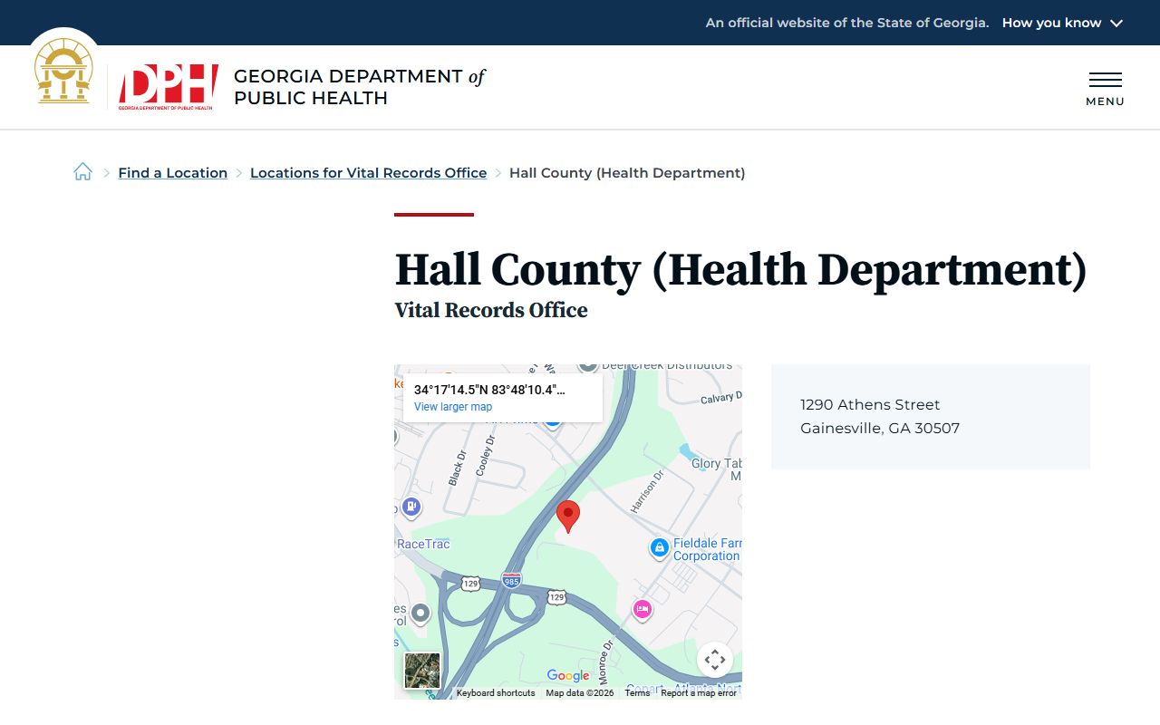 Hall County Georgia Health Department page for obituary and death records