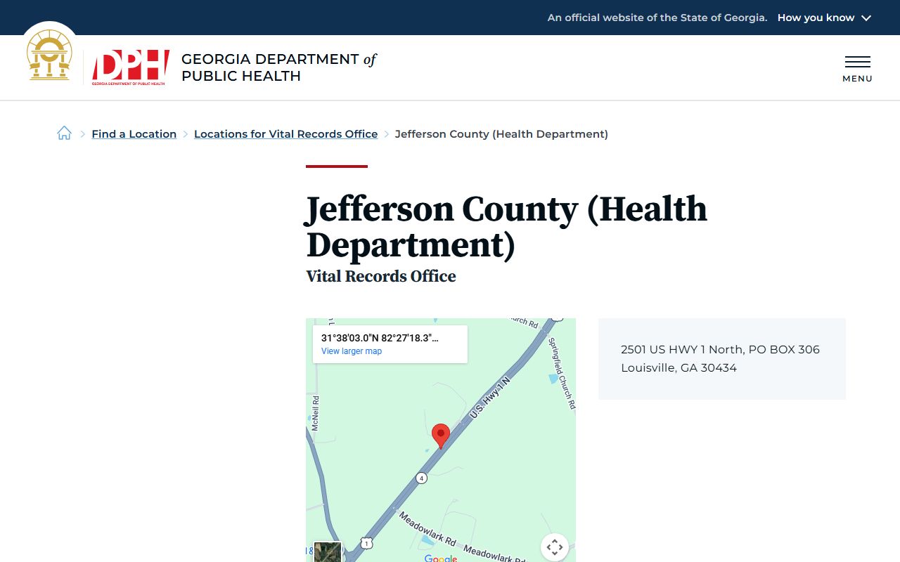 Jefferson County Georgia Health Department page for obituary and death records