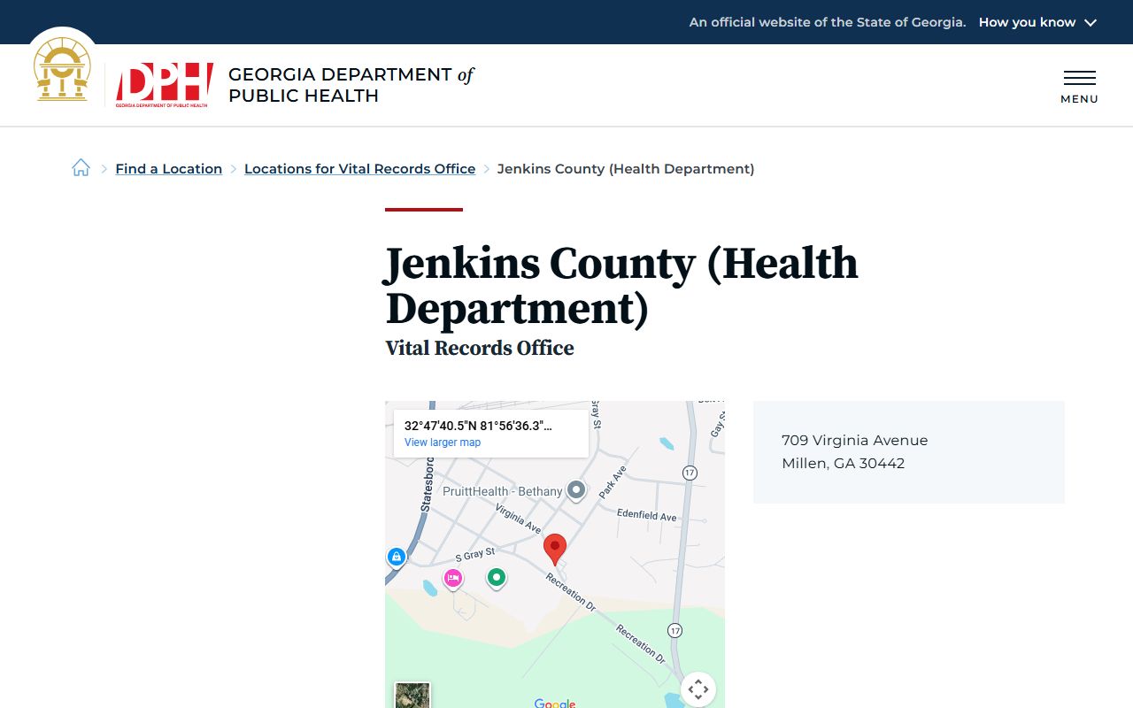 Jenkins County Georgia Health Department page for obituary and death records