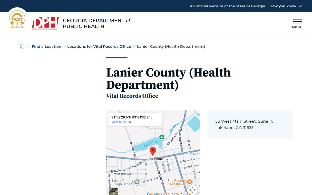 Lanier County Georgia Health Department page for obituary and death records