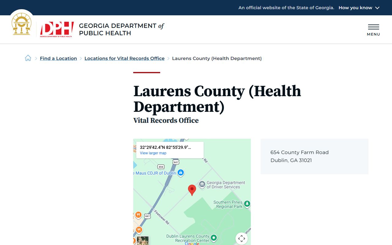 Laurens County Georgia Health Department page for obituary and death records