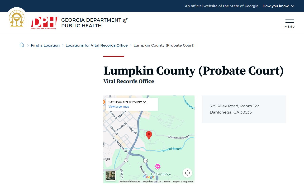 Lumpkin County Georgia Probate Court page for obituary and death records
