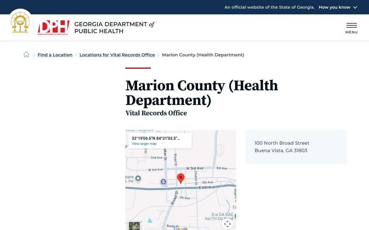 Marion County Georgia Health Department page for obituary and death records