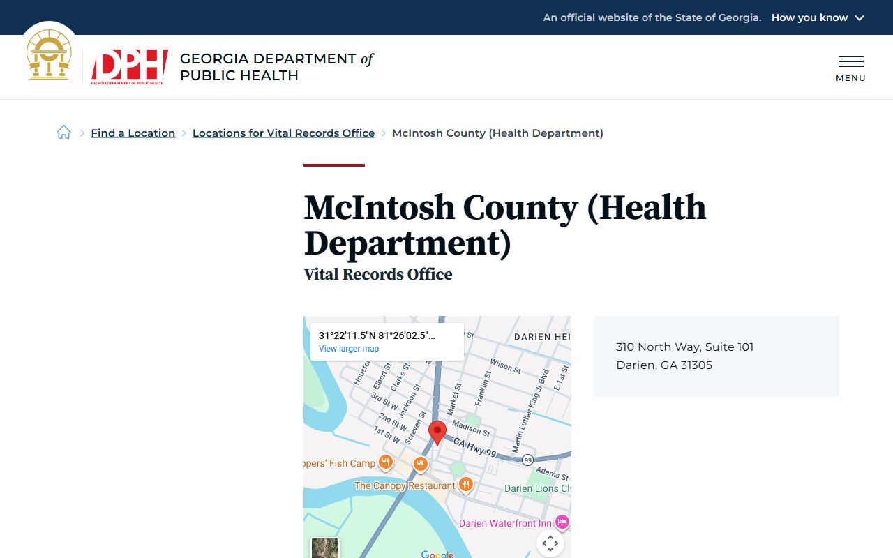 McIntosh County Georgia Health Department page for obituary and death records