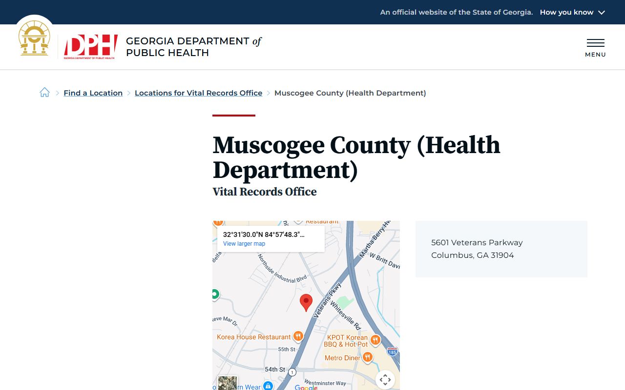 Muscogee County Georgia Health Department page for obituary and death records