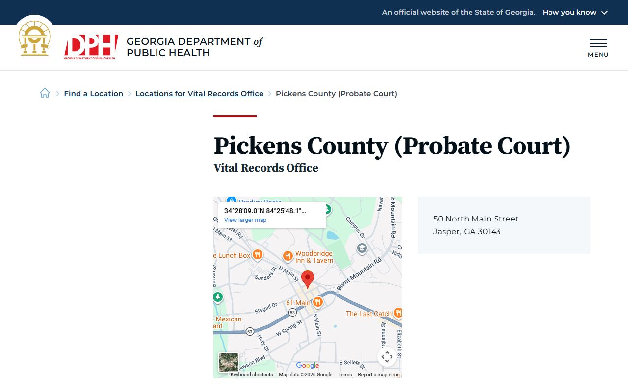 Pickens County Georgia Probate Court page for obituary and death records