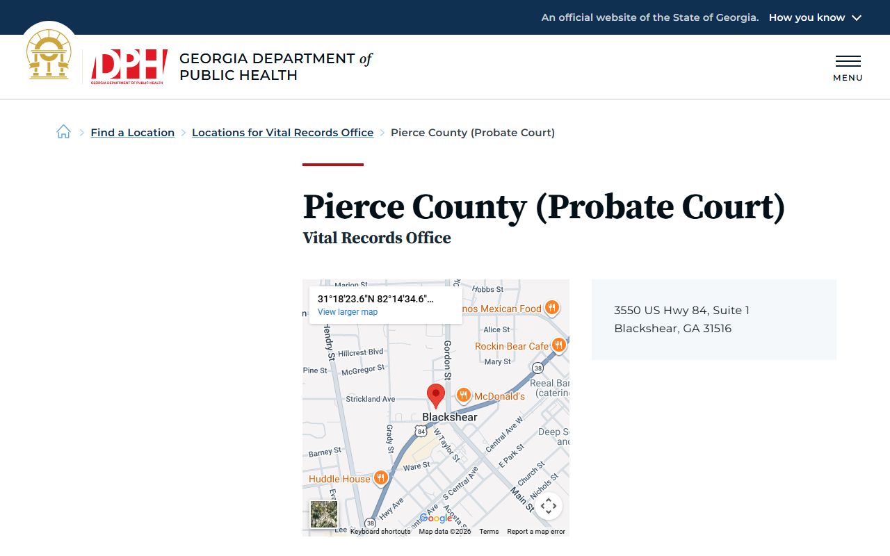 Pierce County Georgia Probate Court page for obituary and death records