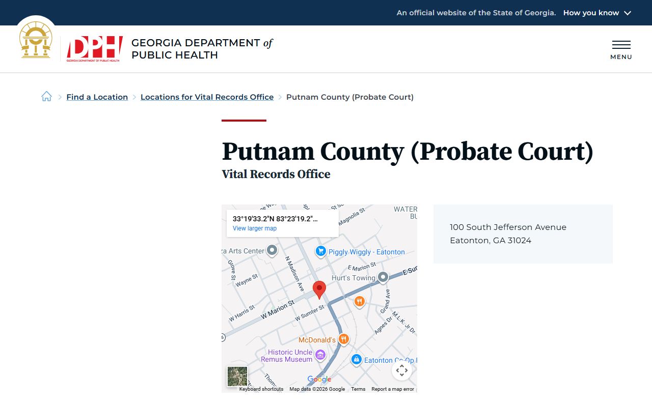 Putnam County Georgia Probate Court page for obituary and death records