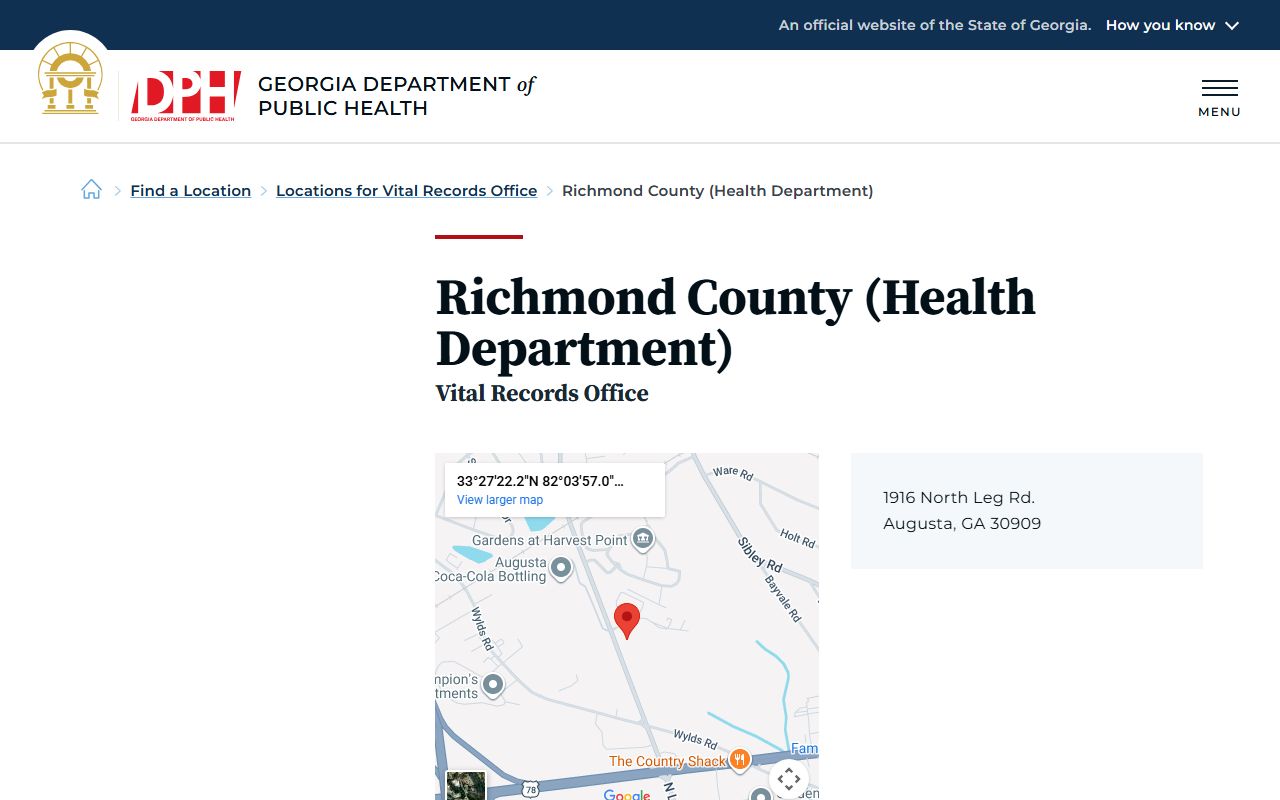 Richmond County Health Department vital records contact and location details