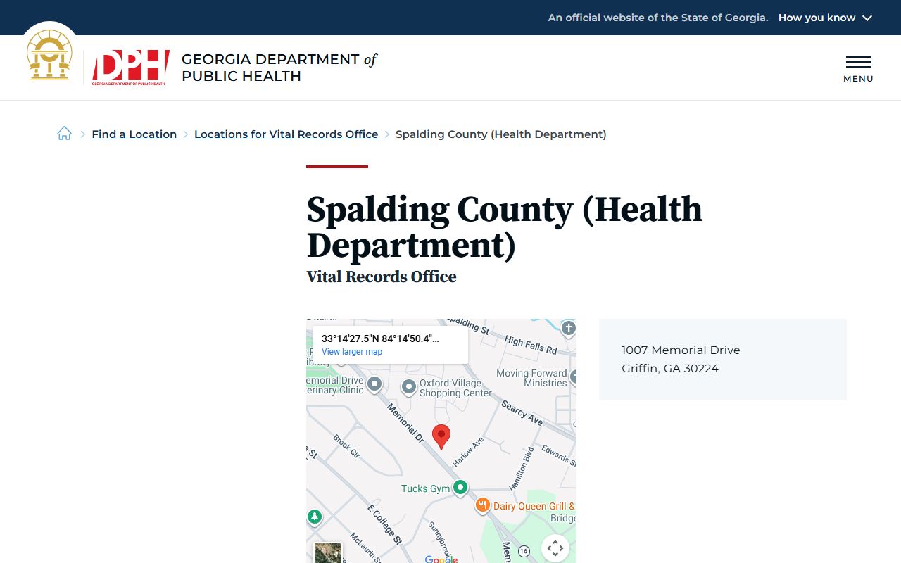 Spalding County Georgia Health Department page for obituary and death records