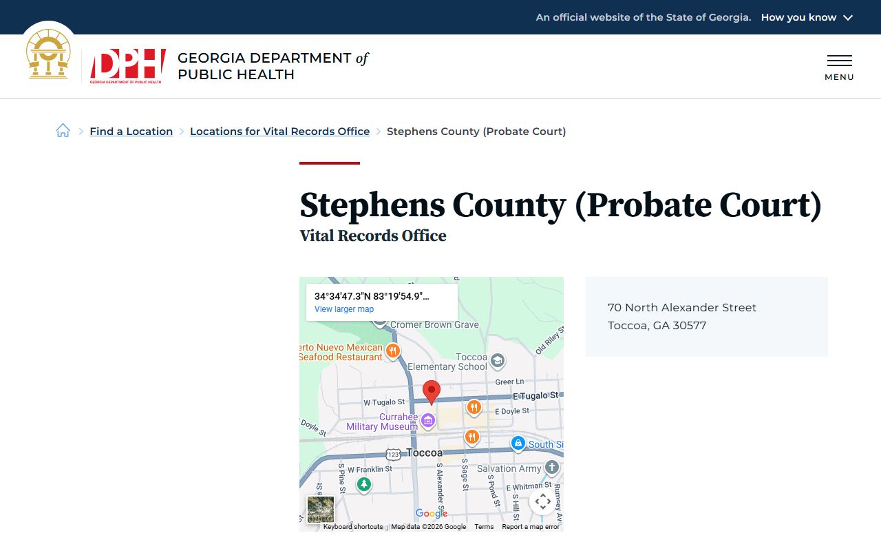 Stephens County Georgia Probate Court page for obituary and death records